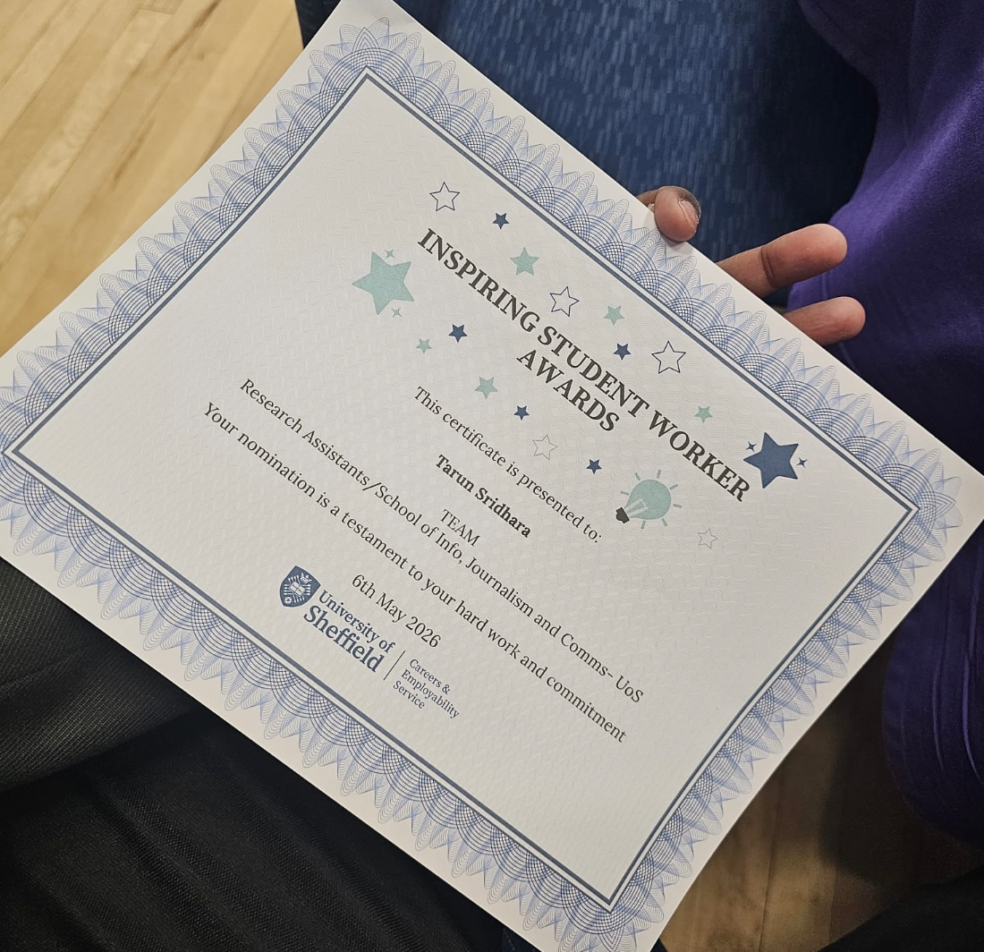 Inspiring Student Worker Awards certificate presented to Tarun Sridhara