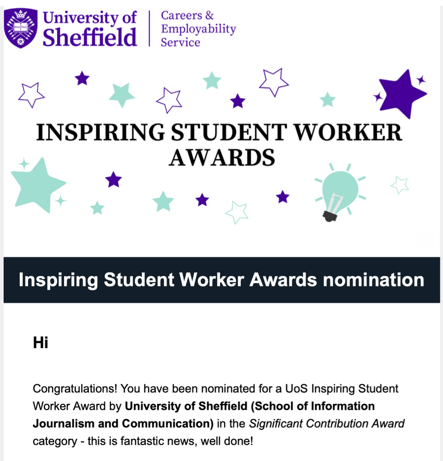 Inspiring Student Worker Awards nomination letter